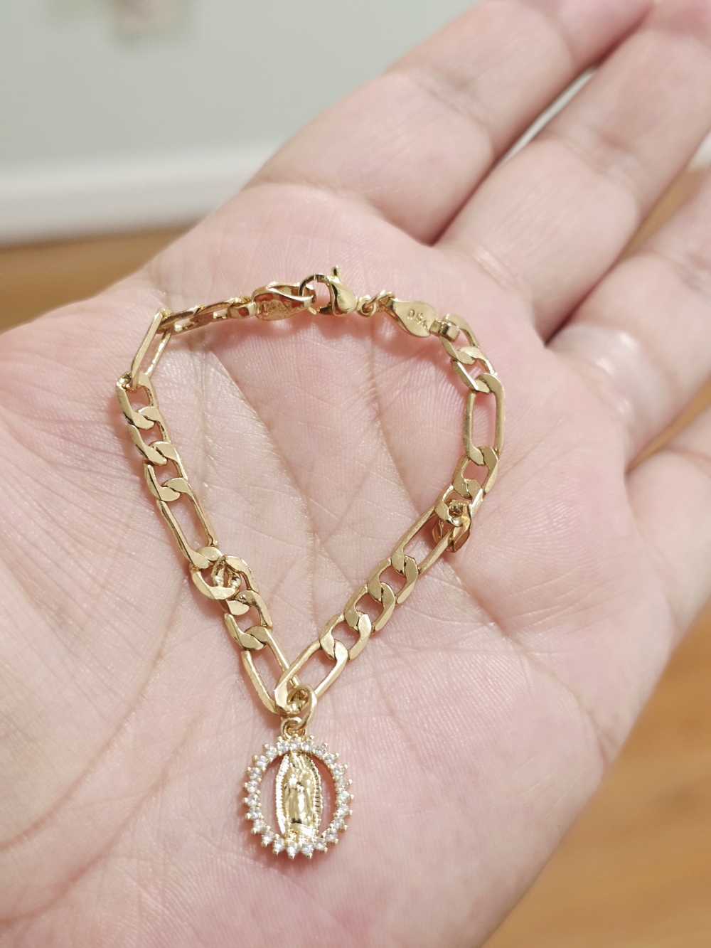 Kids Gold Figaro-Style Bracelet with Religious Pendant